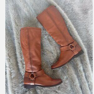 Frye Phillip Harness Tall Leather Riding Boots Size 8 Back Zip Cognac Brown